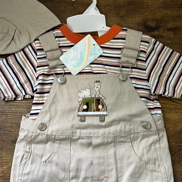 A Little Angel Khaki Overalls With Bucket Hat & Stripes Undershirt - Picture 2 of 13